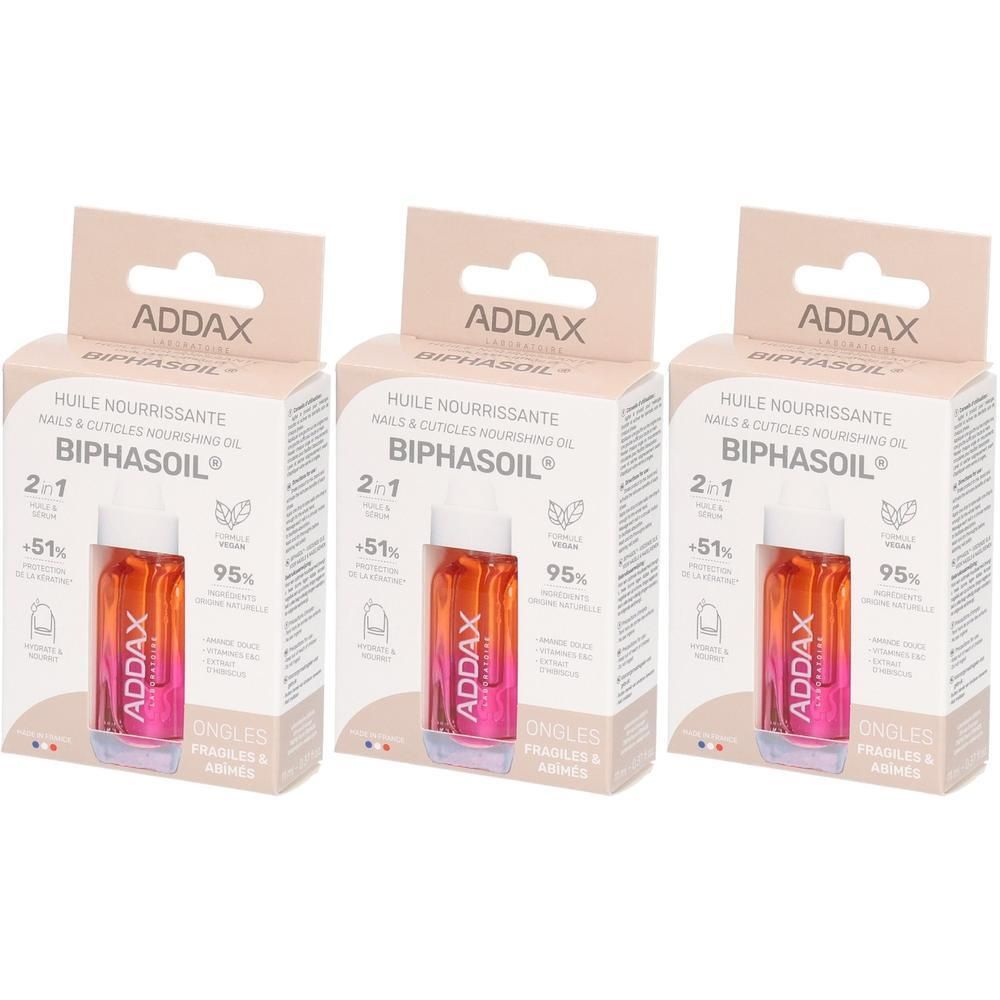 Trois boîtes d'huile nourrissante 2-en-1 pour ongles et cuticules ADDAX Biphasoil. Chaque boîte contient un petit flacon d'huile orangée.