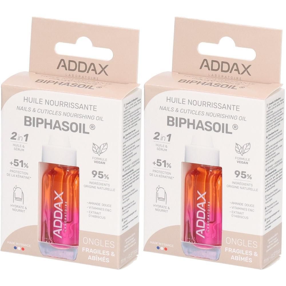 Deux boîtes d'huile nourrissante ADDAX Biphasoil 2-en-1 pour ongles et cuticules.