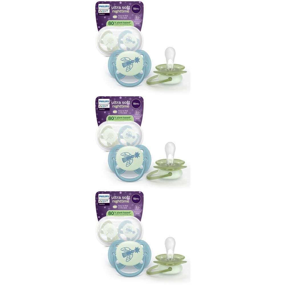 Deux sucettes Philips Avent Ultra Soft Nuit, 18+ mois, bleues avec abeille et vertes.