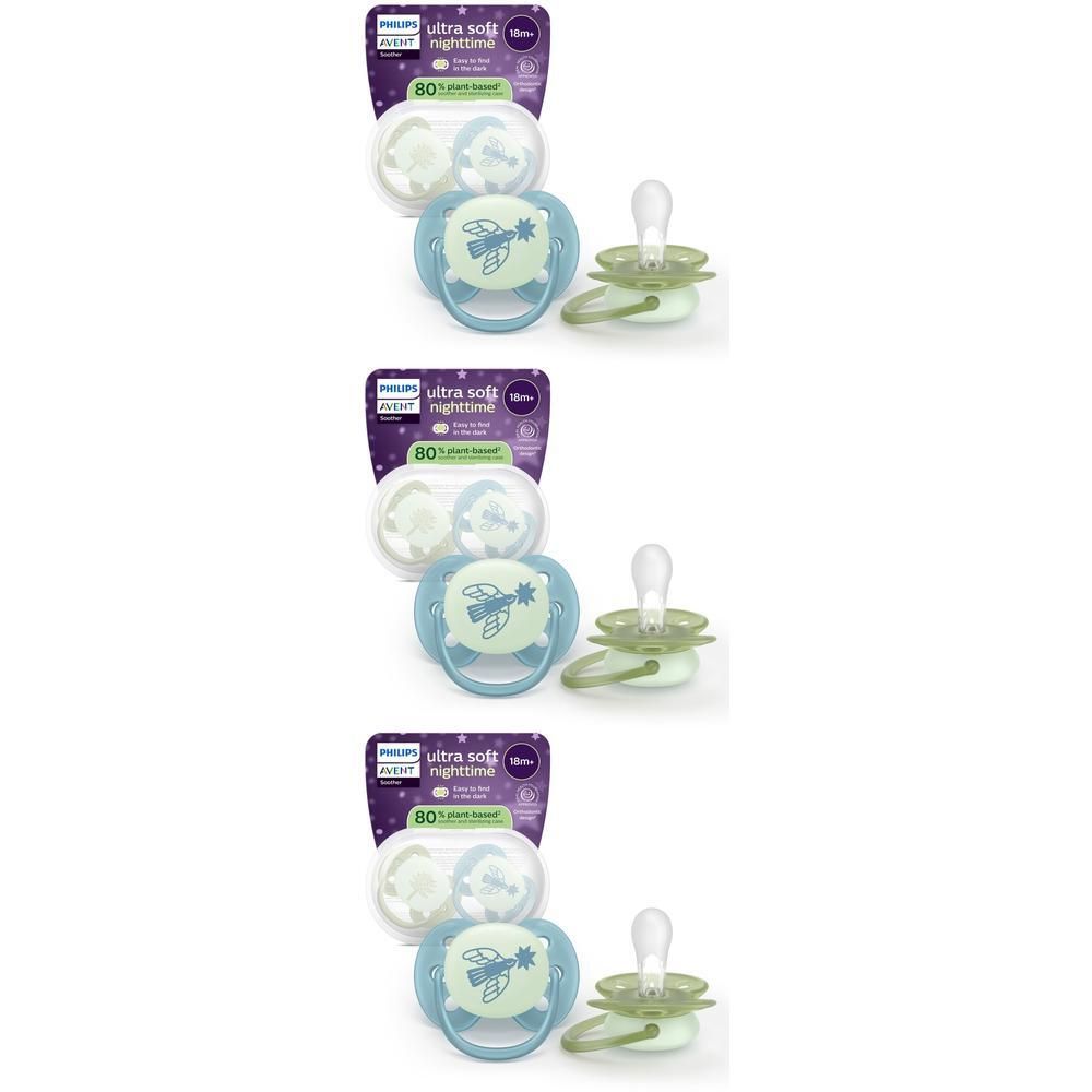 Twee Philips Avent Ultra Soft Nachtspeentjes, 18+ maanden, blauw met bij en groen.