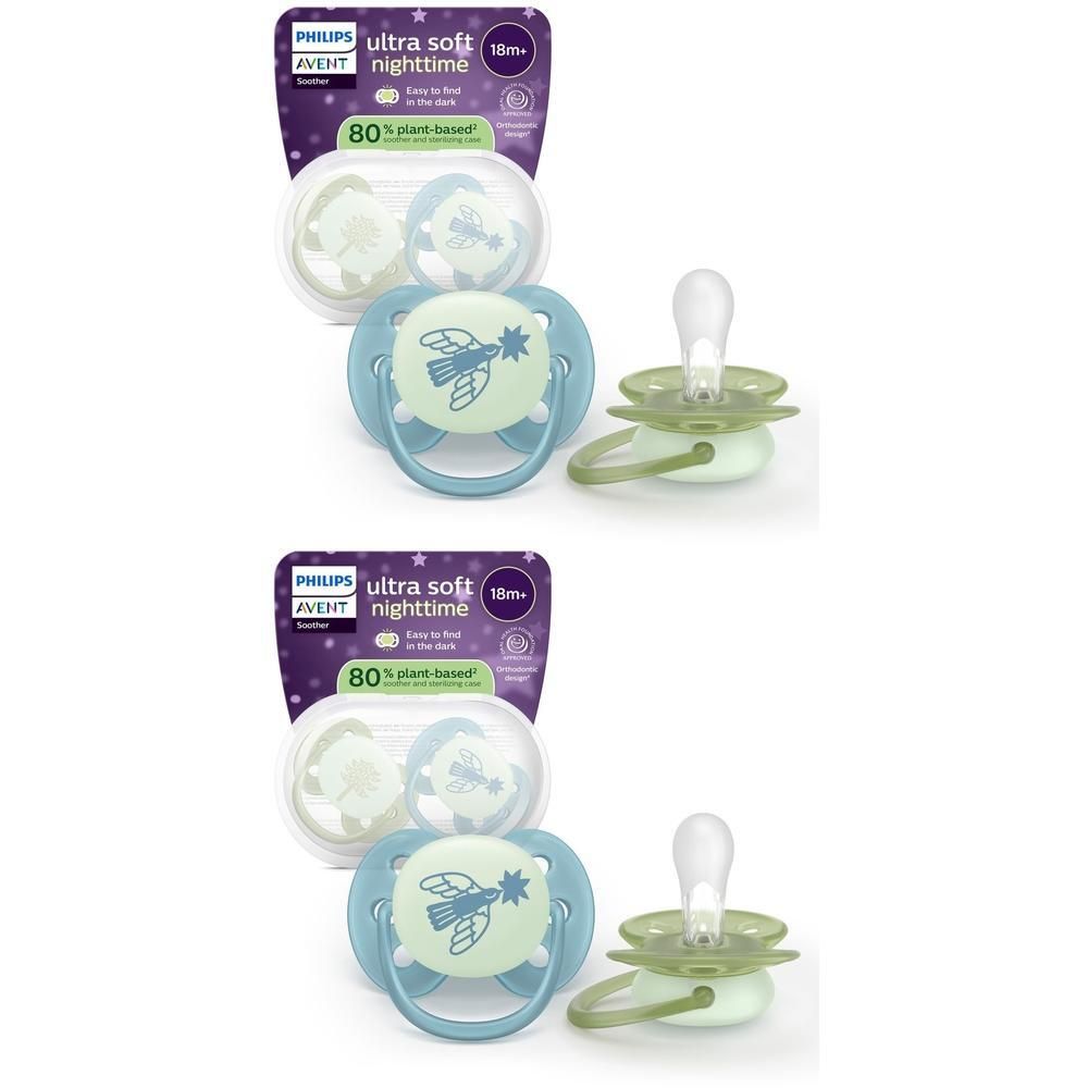 Deux sucettes Philips Avent Ultra Soft Night Time, 18m+, vert olive et bleu, avec motif phosphorescent.