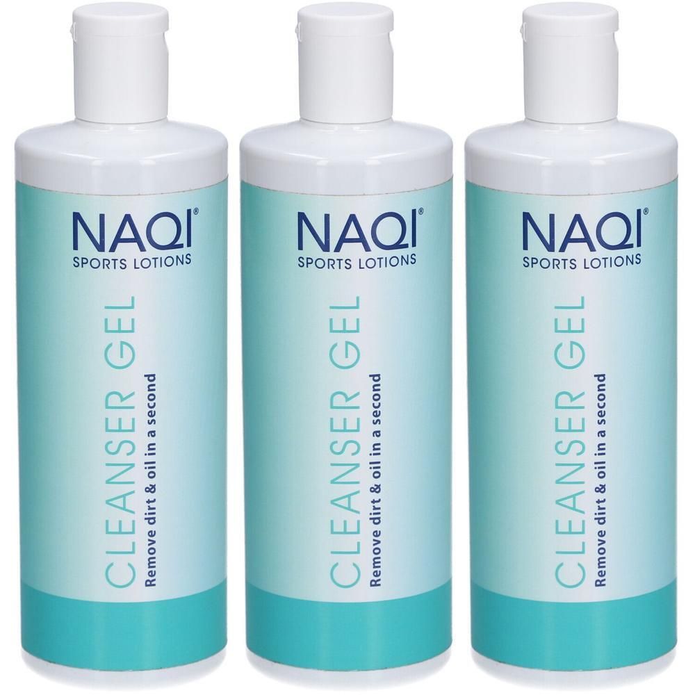 Trois flacons de Naqi Sports Lotions Cleanser Gel avec bouchons blancs.