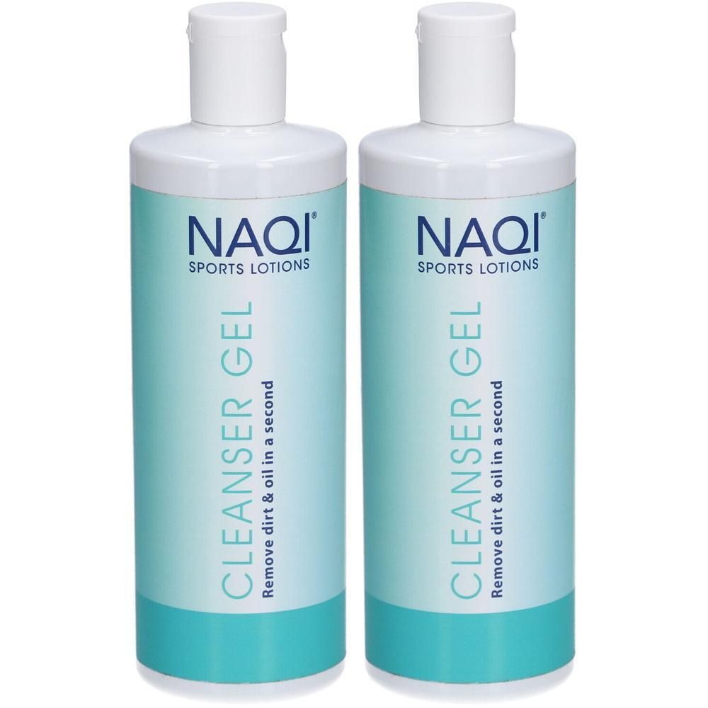 Deux flacons de Naqi Sports Lotions Cleanser Gel avec bouchons blancs et étiquettes turquoise.