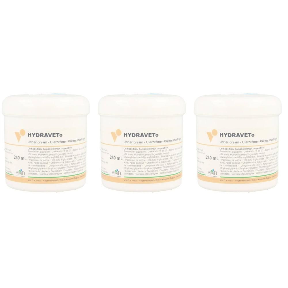 Trois pots blancs Hydraveto avec étiquettes indiquant 250 ml.