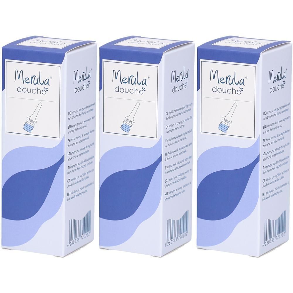 Drie verpakkingen Merula Douche met blauw golvend patroon en afbeelding van een applicator.