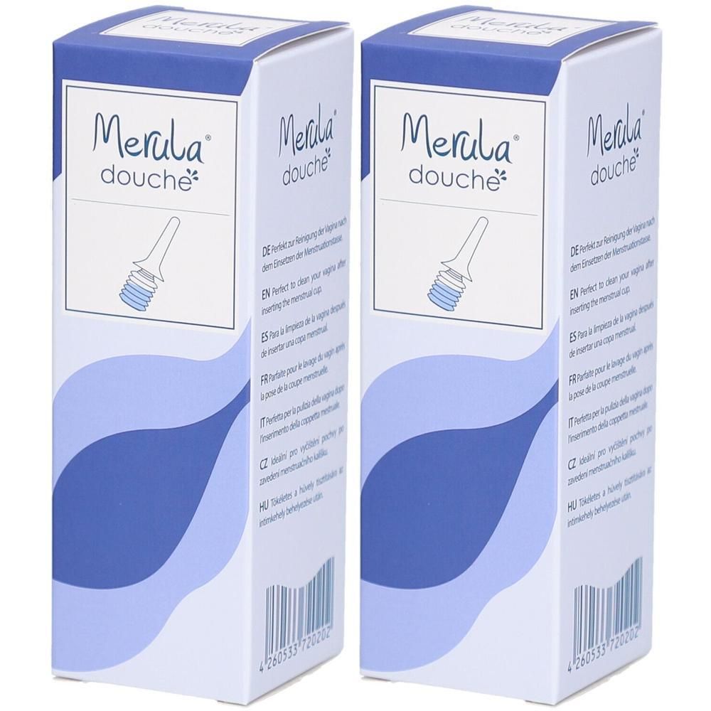 Twee verpakkingen Merula Douche met applicatorafbeelding en golvend patroon.