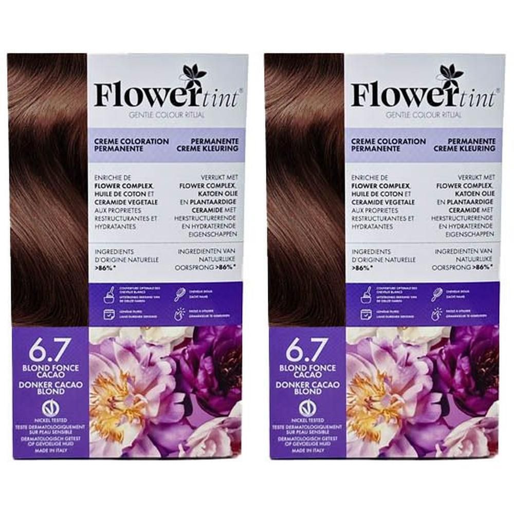 Deux paquets de coloration FlowerTint® 6.7 Blond Foncé Cacao. Montre une mèche de cheveux châtain foncé et un motif floral.