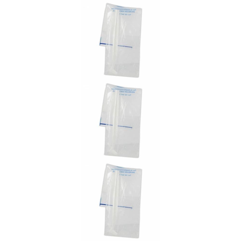 Drie individueel verpakte, doorzichtige zakjes met elk een witte staaf. Blauwe markeringen op de zakjes.