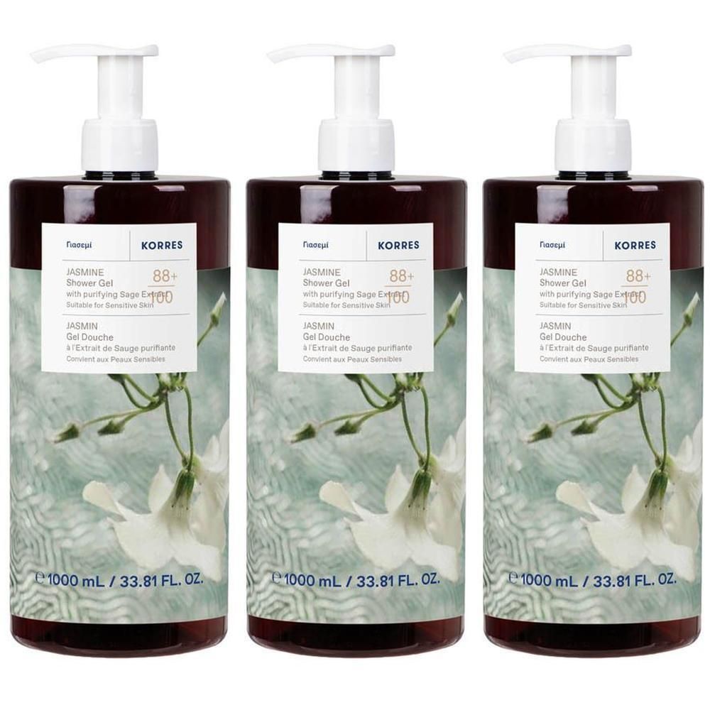 Trois bouteilles de gel douche Korres Jasmin, 1000 ml.