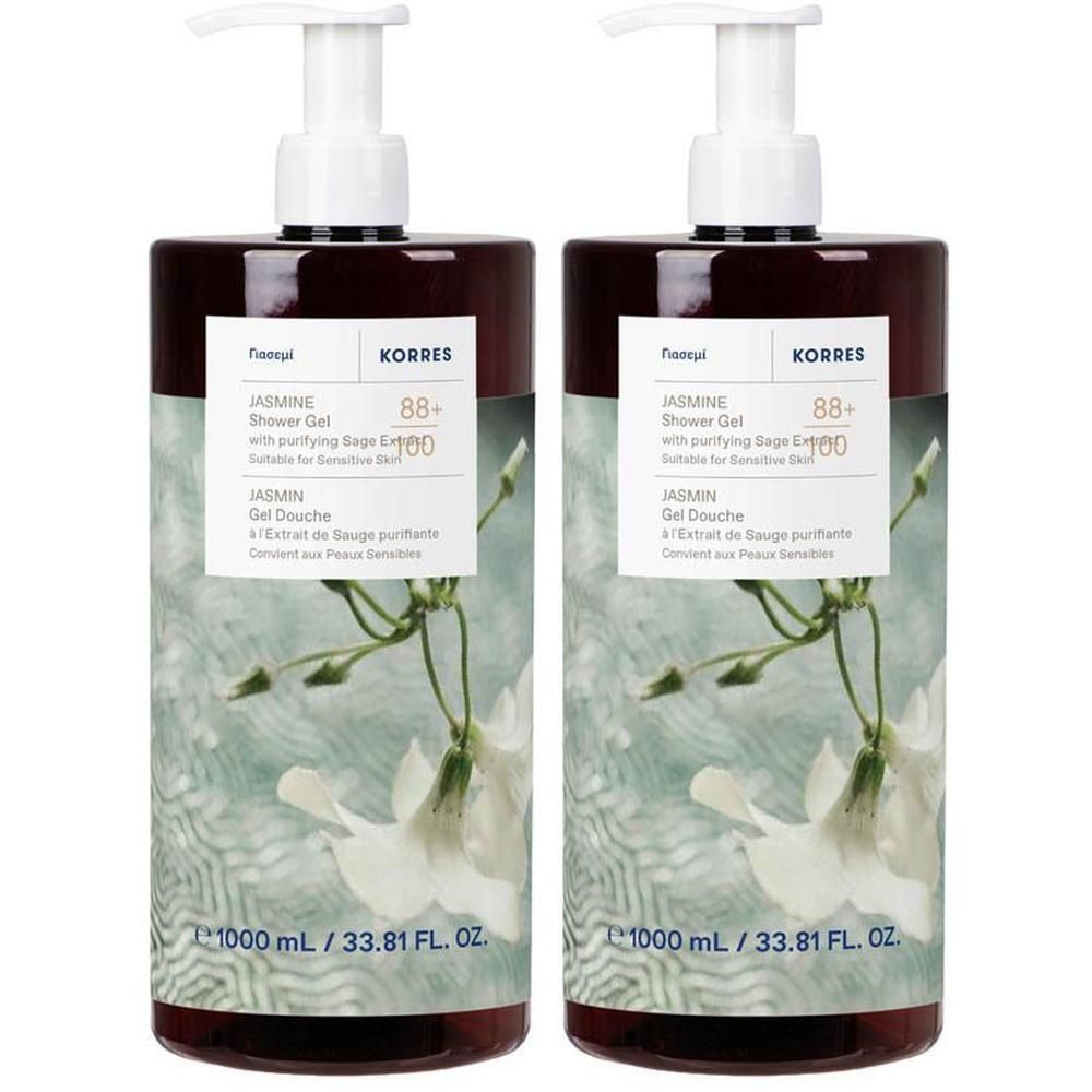 Deux flacons de gel douche Korres au jasmin, 1000 ml chacun.