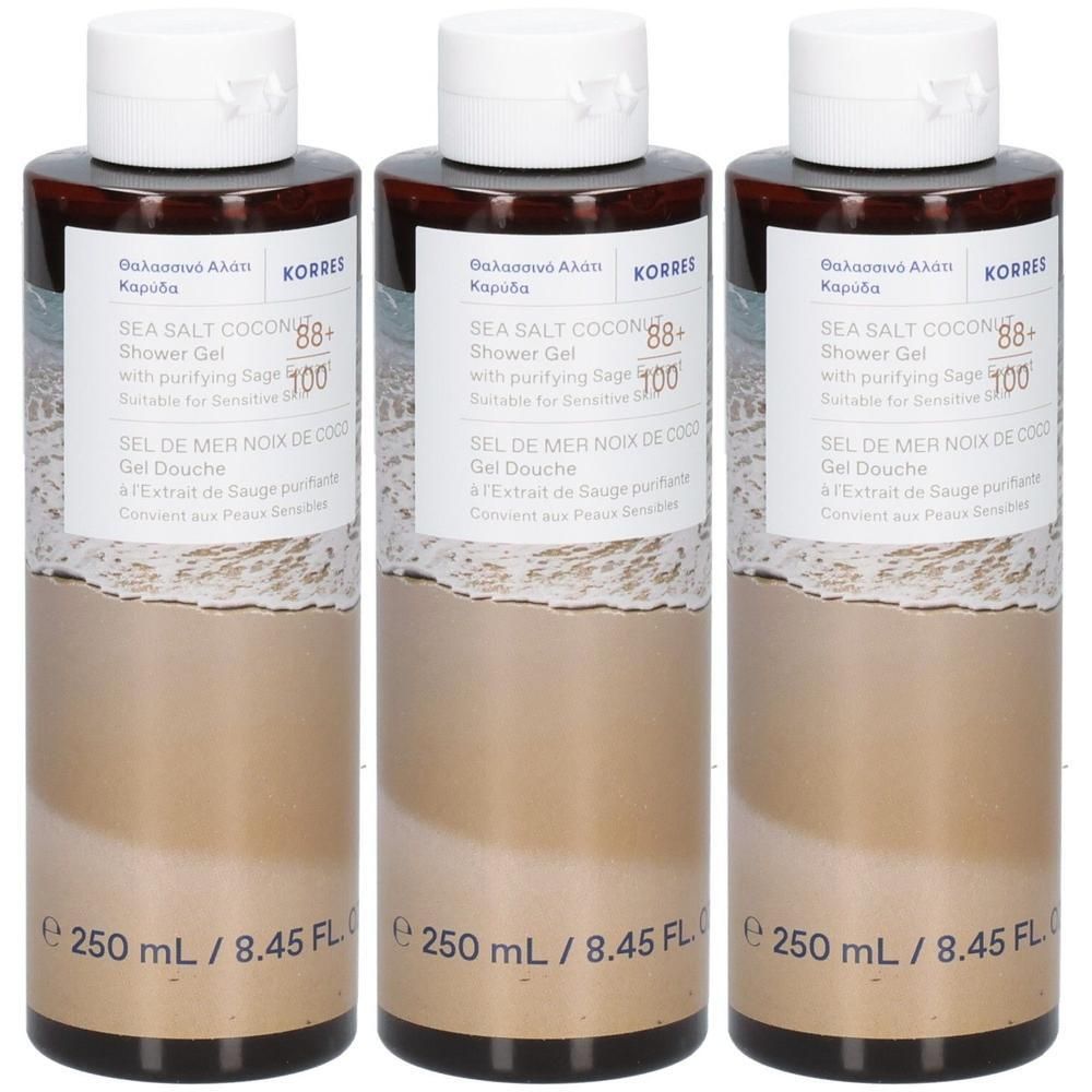 Drie flessen Korres douchegel met kokoswater, 250ml.