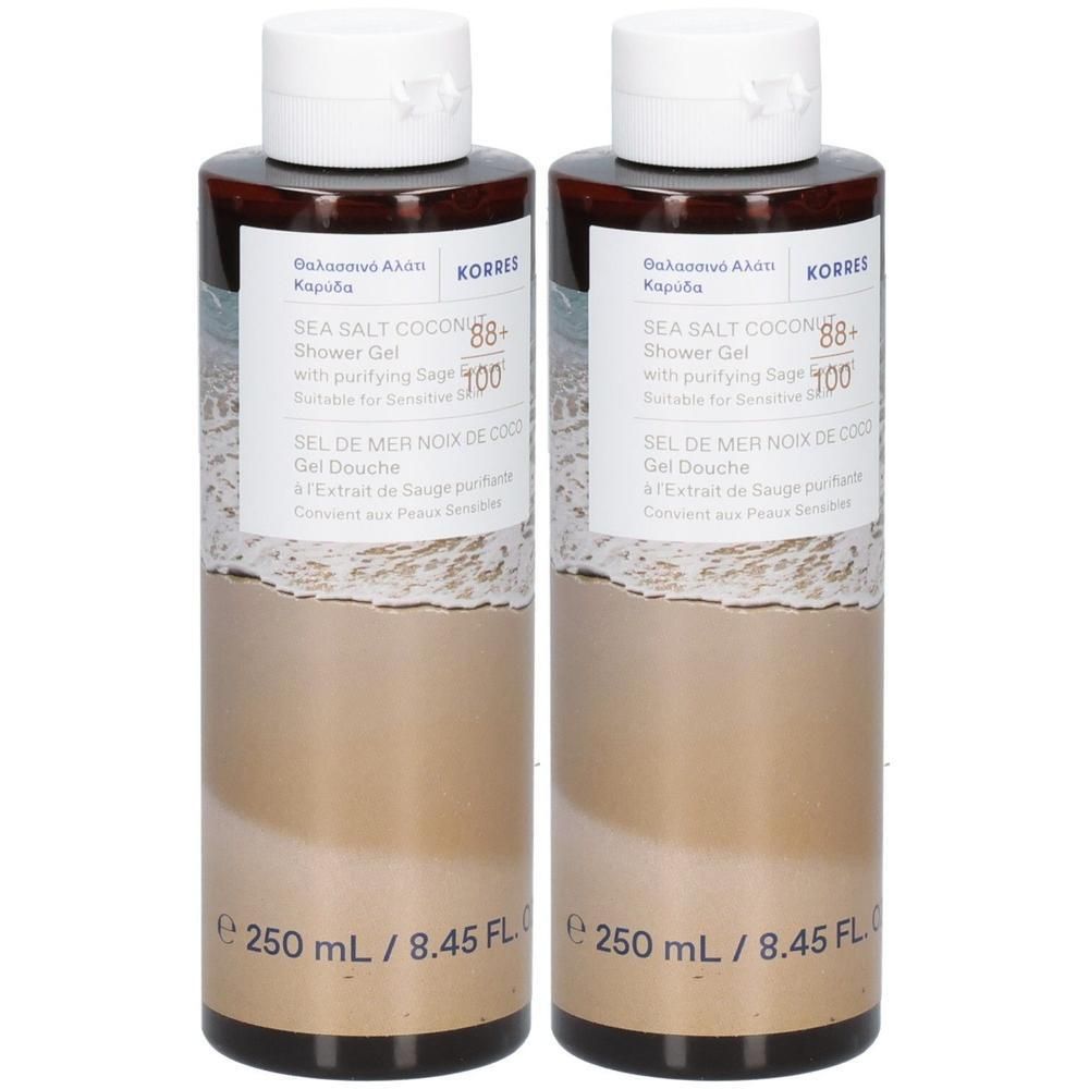 Deux flacons de gel douche Korres à l'eau de coco, 250 ml.