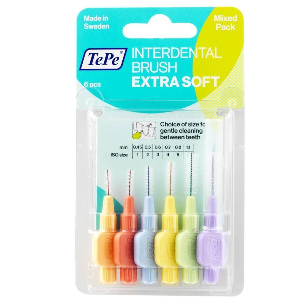 TePe Interdentale Borstels Extra Zacht Mixpack, 6 stuks in diverse kleuren.