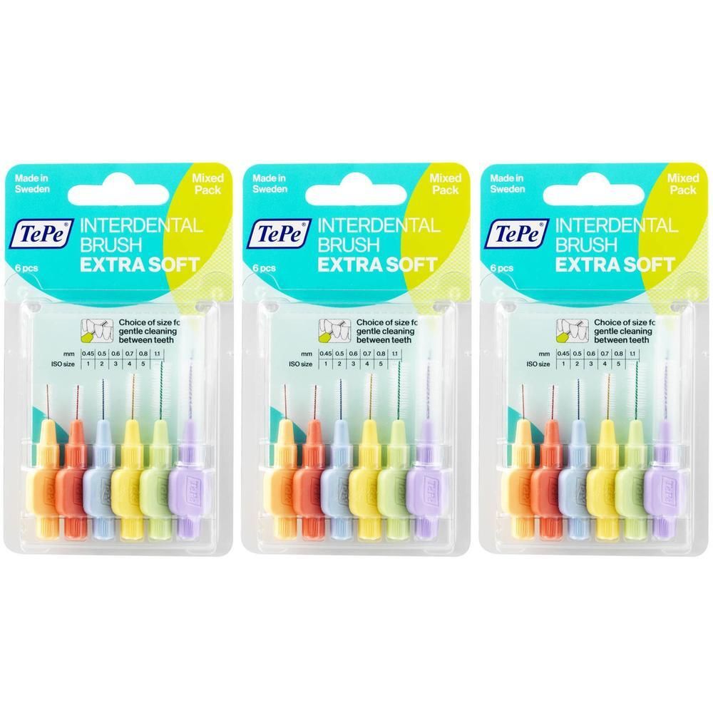 TePe Brossettes Interdentaires Extra Douces Mixpack, 6 pièces. Tailles et couleurs variées.