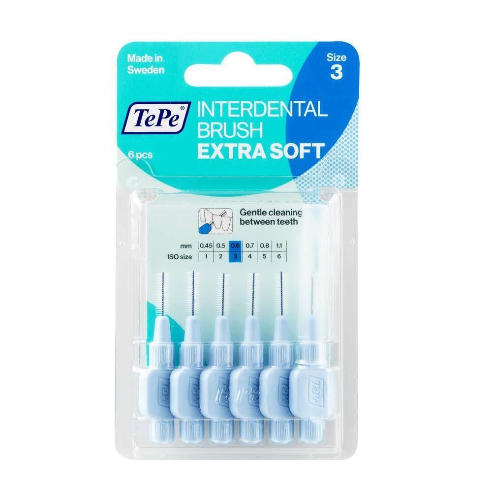 Verpakking van 6 TePe interdentale borstels, Extra Zacht, maat 3, blauw.