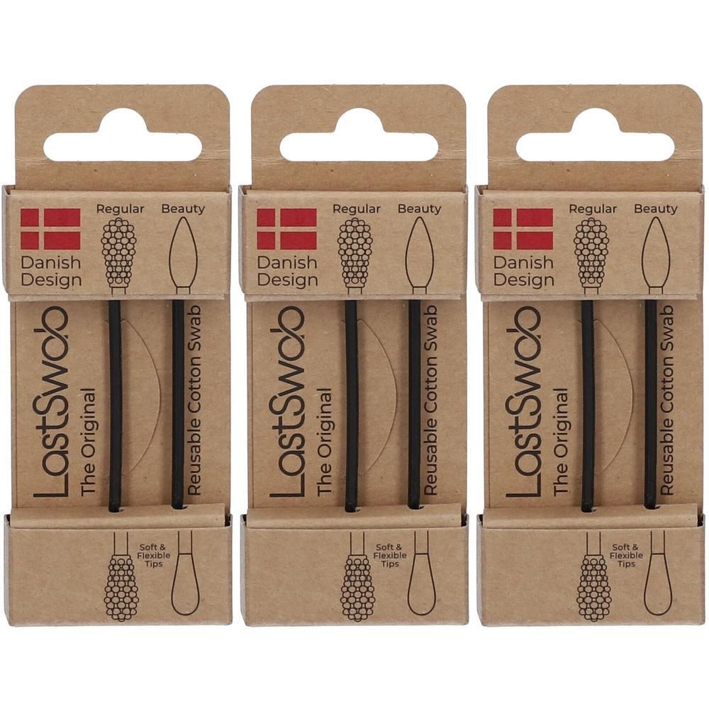 Trois LastSwab Basic Coton-Tige dans un emballage en carton. Coton-tiges réutilisables avec embouts souples.