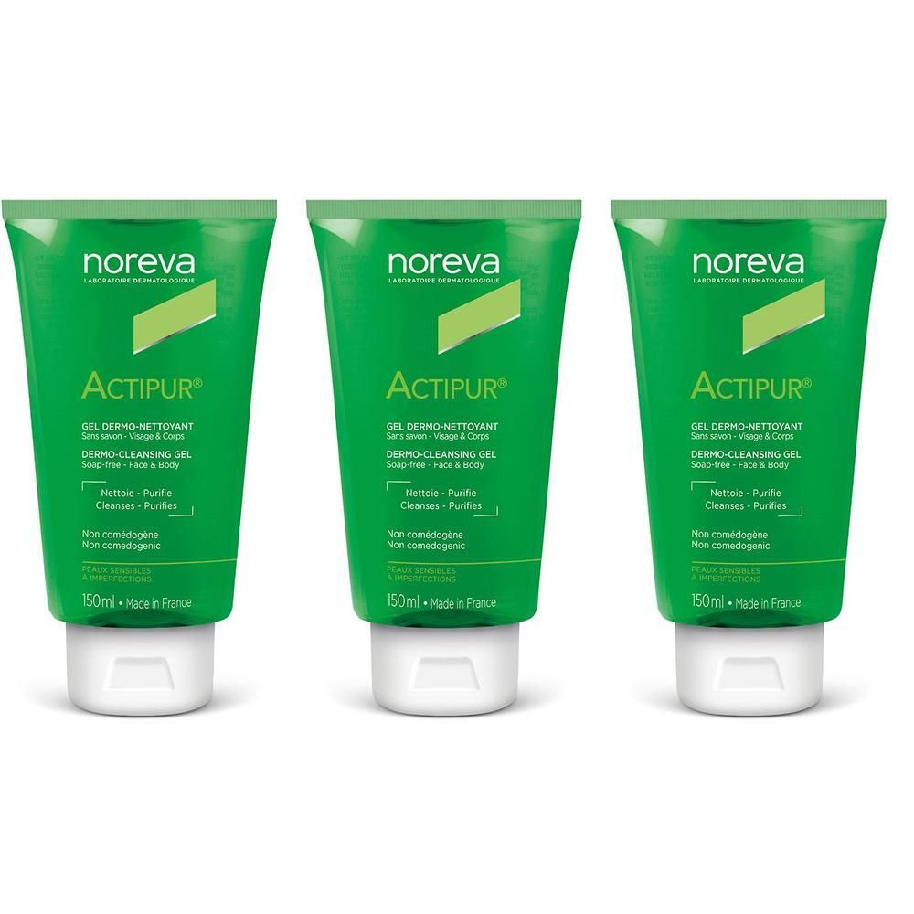 Trois tubes verts Noreva Actipur Dermo-Nettoyant avec bouchon blanc. 150ml.