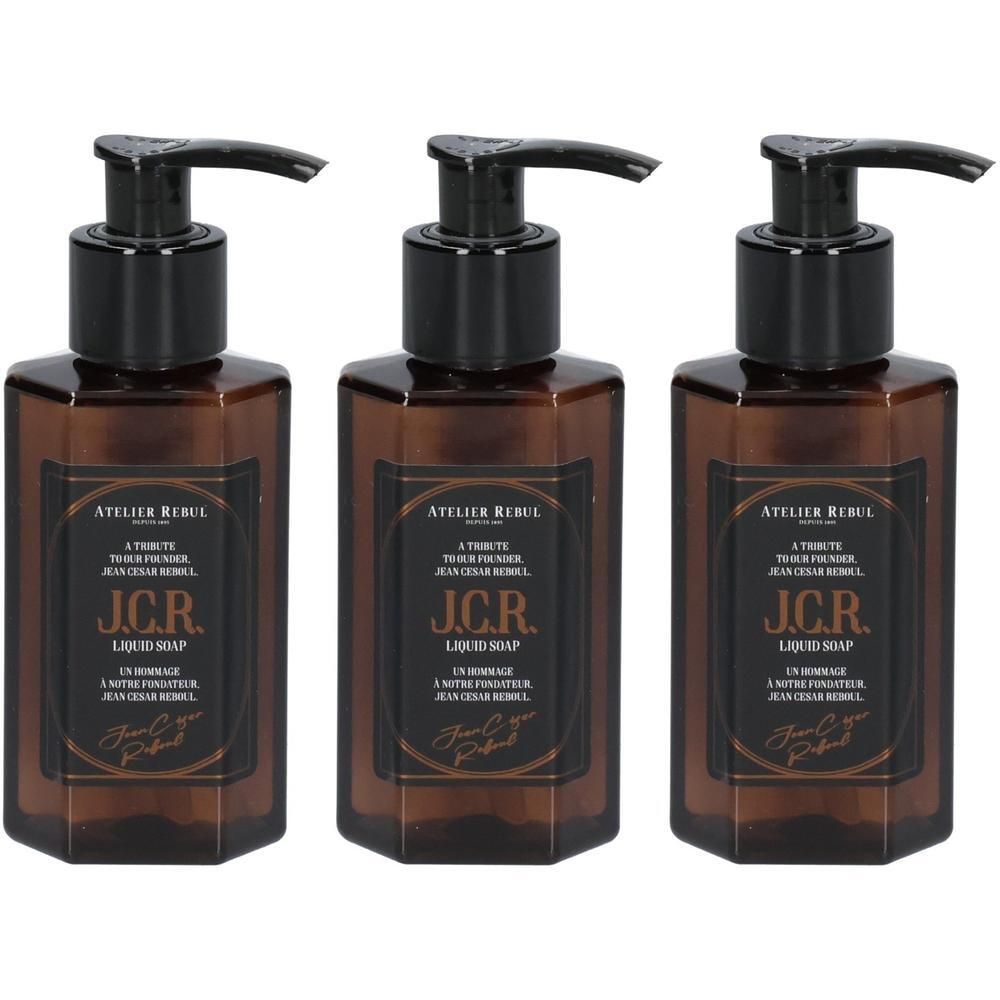 Trois flacons pompe bruns de savon liquide, étiquette "J.C.R. Liquid Soap" et "Atelier Rebul".