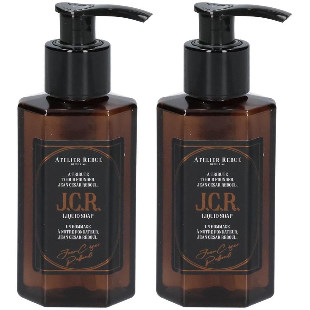 Deux flacons en verre brun avec pompe noire, étiquette "J.C.R. Liquid Soap".