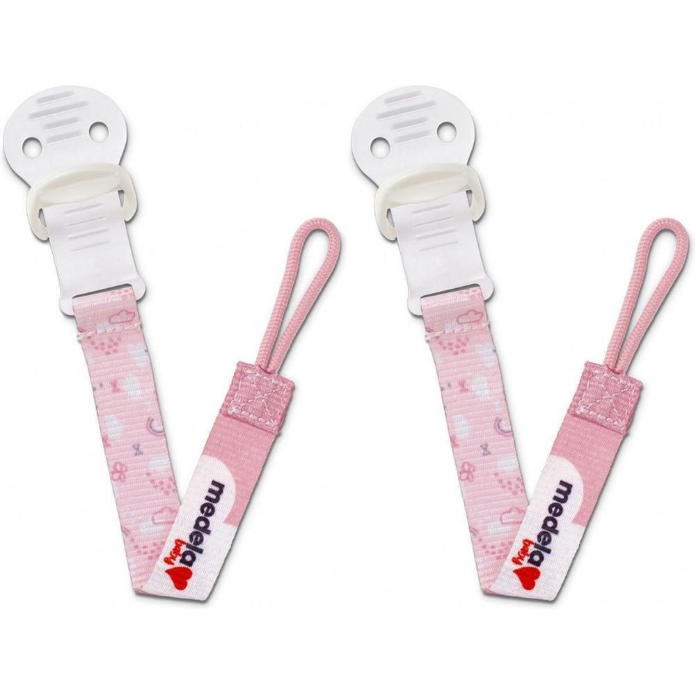 Deux attaches-sucette roses avec motif nuage et logo Medela Baby.