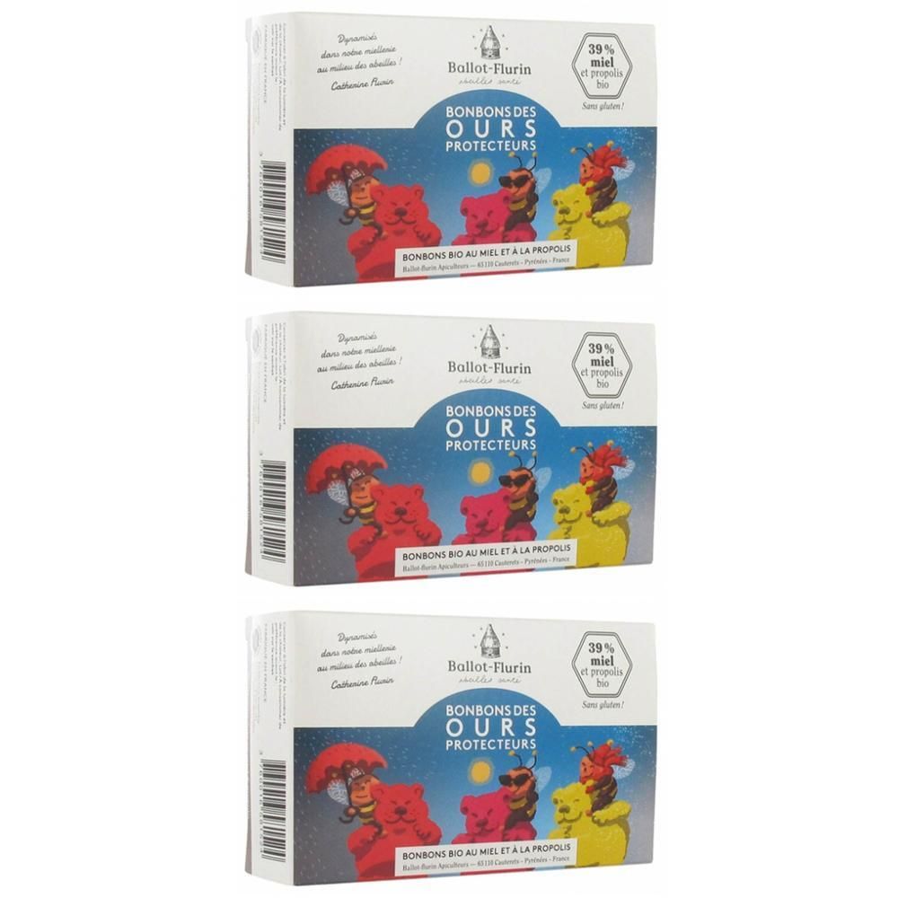 Trois boîtes de Ballot-Flurin Bonbons des Ours Protecteurs avec illustrations d'ours et motif d'abeille.