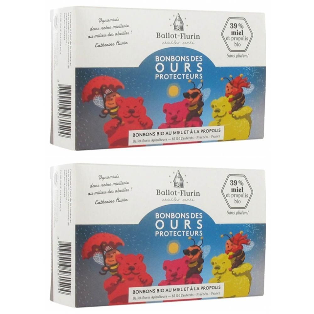 Deux boîtes de Ballot-Flurin Bonbons des Ours, au miel et propolis. Bonbons ours avec motif abeille.