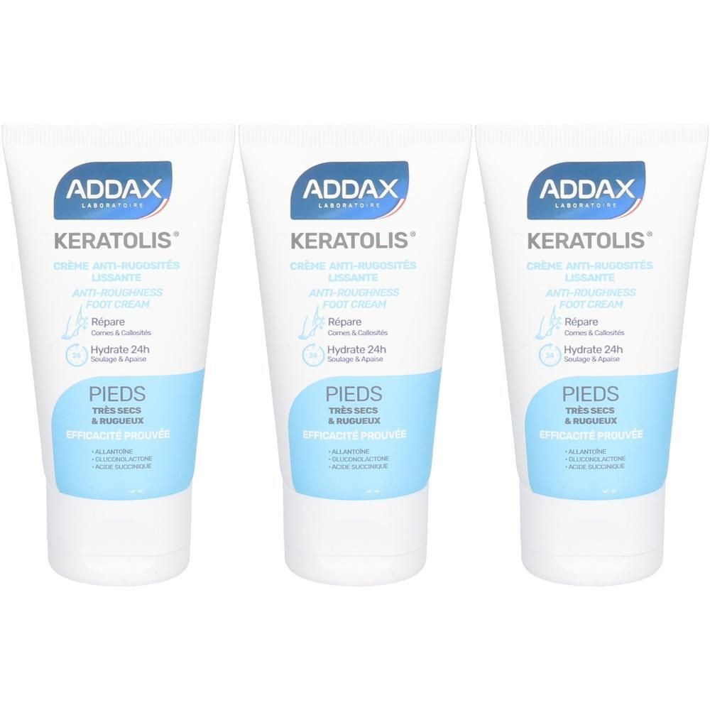 Trois tubes de crème ADDAX Keratolis pour pieds très secs et rugueux. Lissante, réparatrice, hydratation 24h.