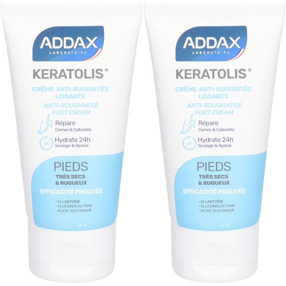 Twee tubes ADDAX Keratolis crème voor zeer droge, ruwe voeten.