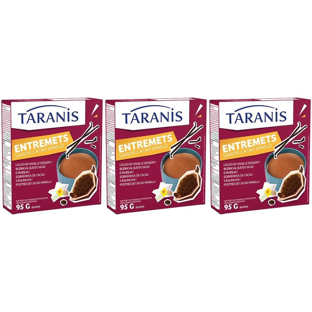 Trois boîtes de Taranis Entremets saveur Cacao Vanille, 95g chacune.