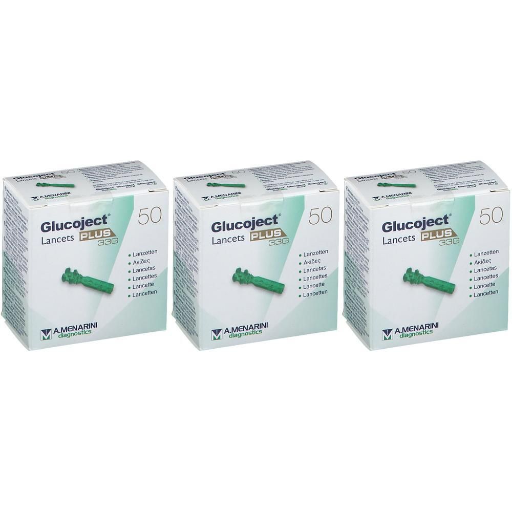 Drie pakken Glucoject Lancets Plus 33g met 50 lancetten per stuk. Groene lancetten afgebeeld.