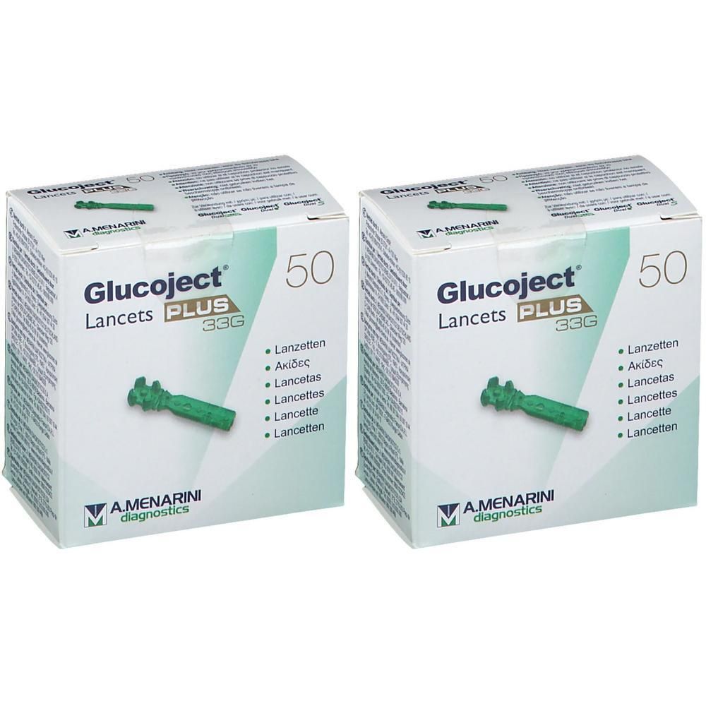 Twee dozen Glucoject Lancets Plus 33G, elk met 50 lancetten.
