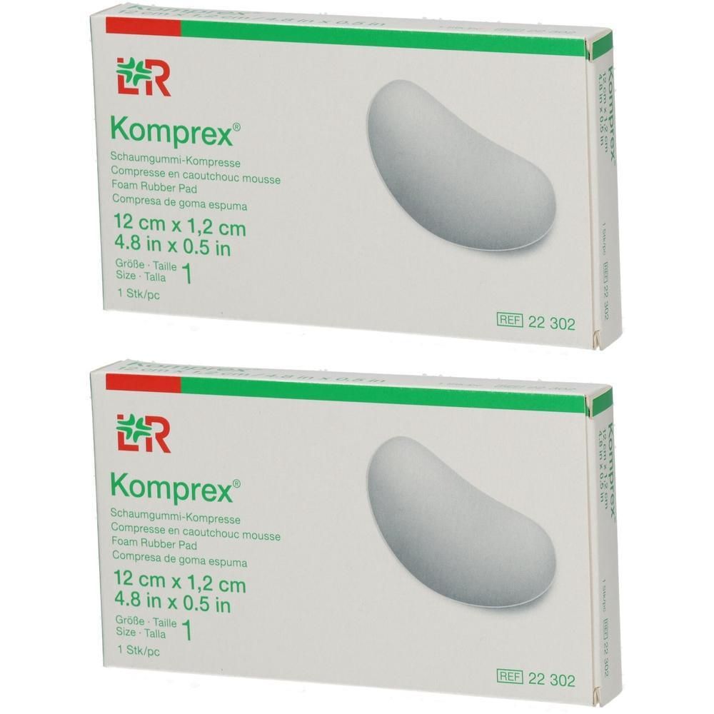 Twee verpakkingen Komprex schuimrubber pads, boonvormig, 12 x 1,2 cm.