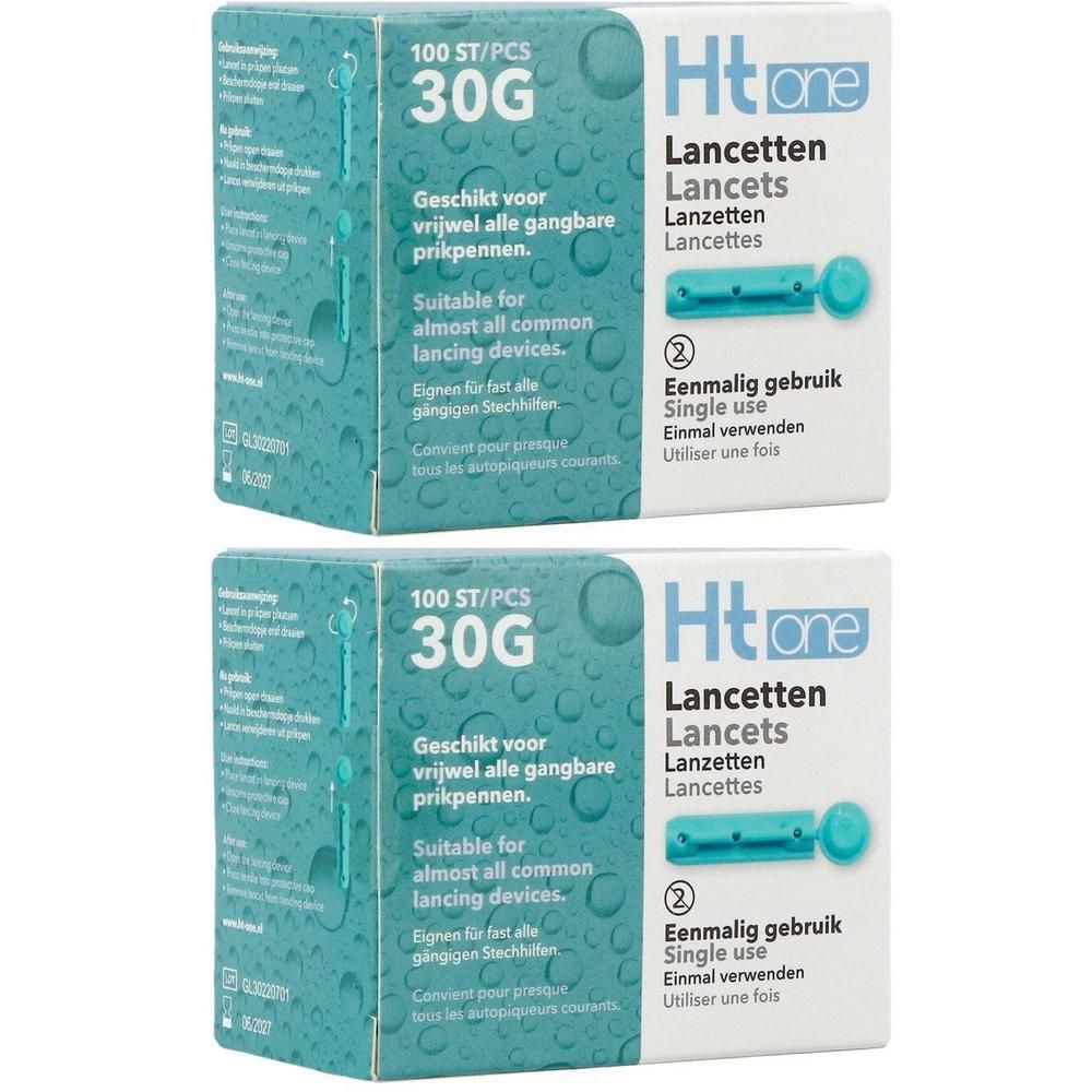Twee dozen Htone Lancetten, 30G, 100 stuks. Lichtblauwe dozen met productinformatie en toepassingsafbeelding.