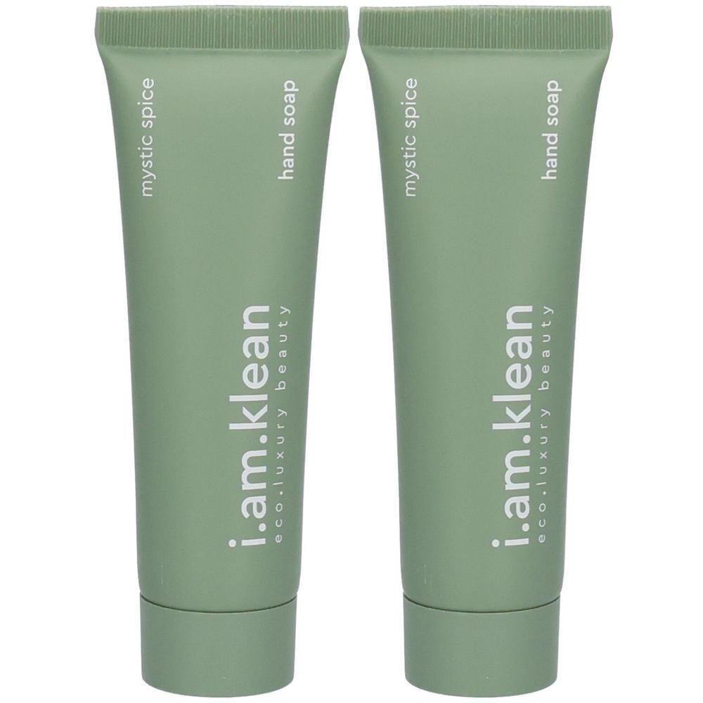 Twee groene tubes handzeep "Mystic Spice" van i.am.klean.