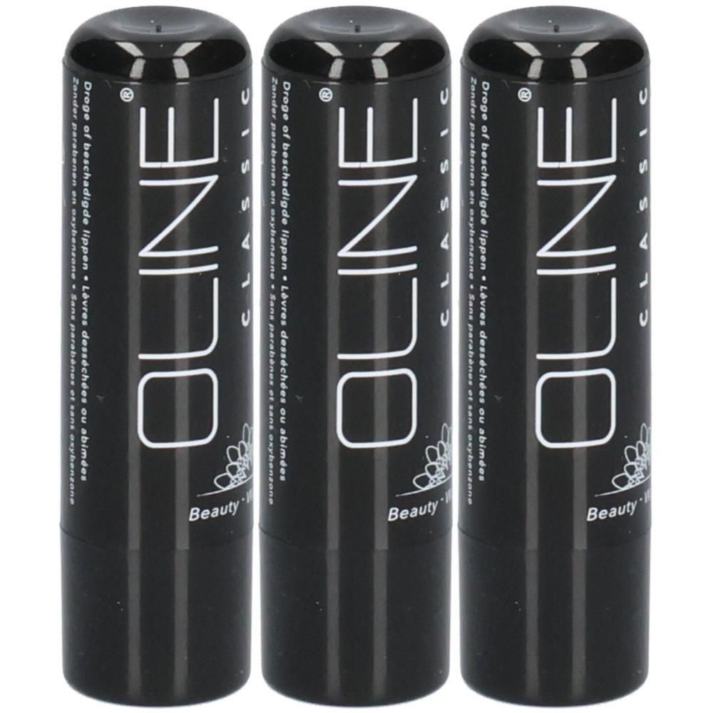Trois sticks de baume à lèvres noirs avec inscription blanche "OLINE CLASSIC".
