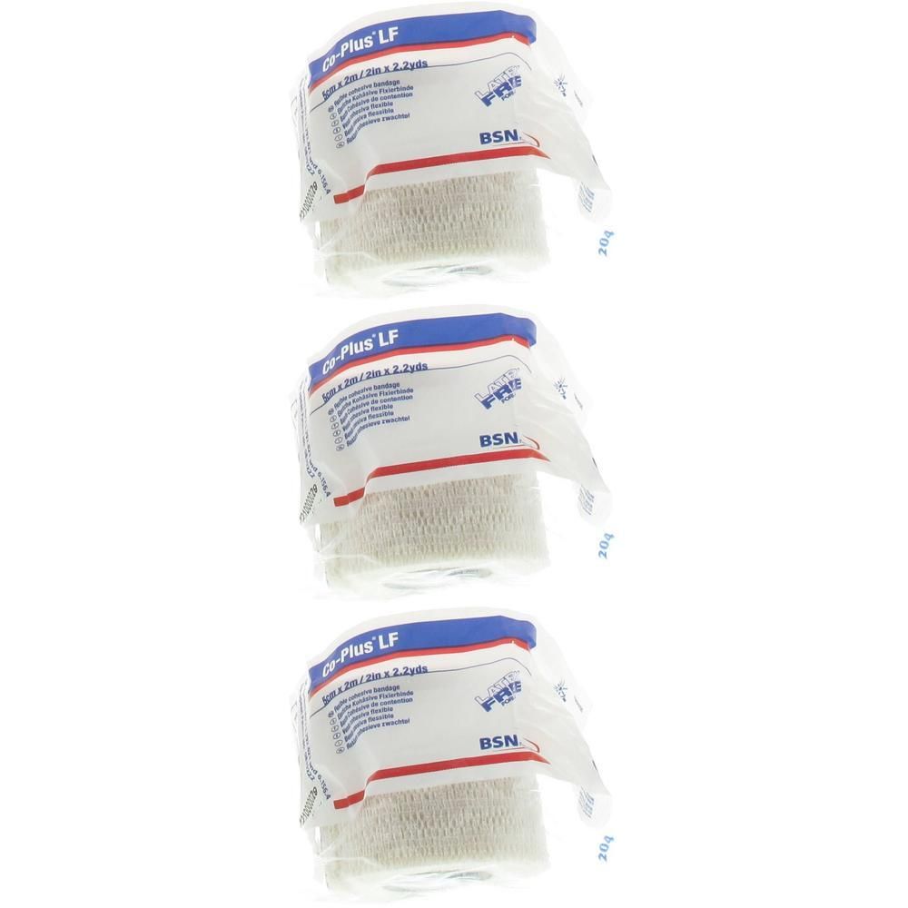 Trois rouleaux de bandage Co-Plus LF, blanc, avec bande bleue et rouge.