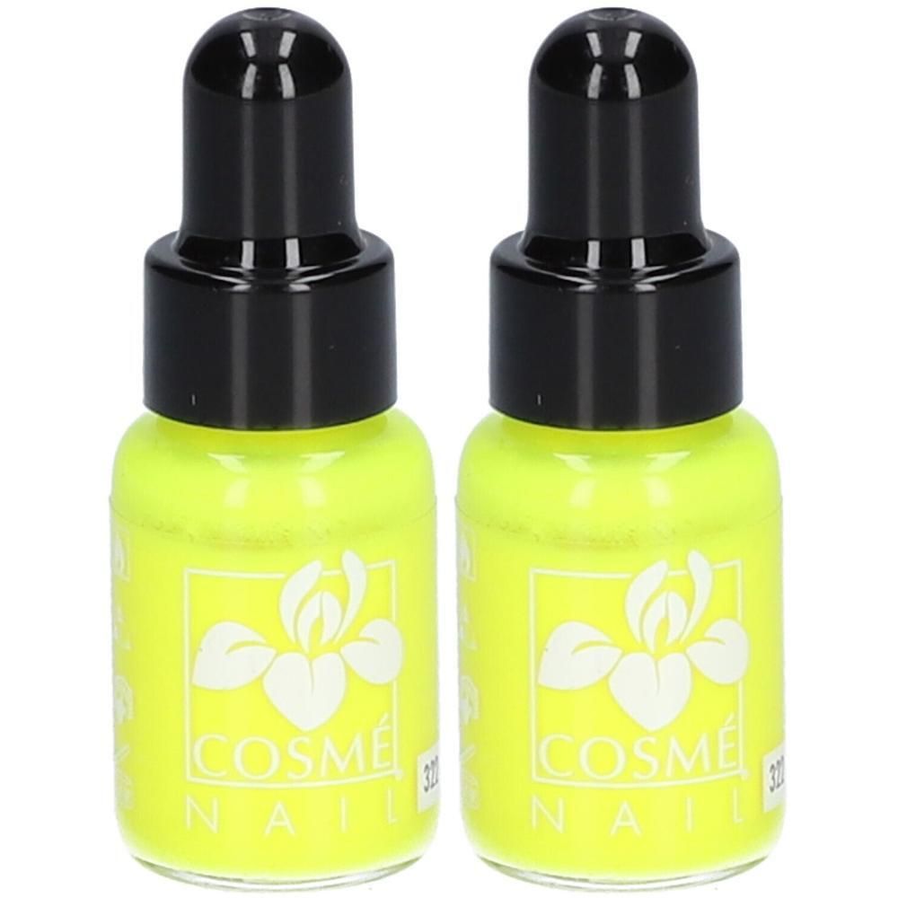 Deux flacons de vernis à ongles jaune fluo avec bouchons compte-gouttes noirs. Les flacons portent un logo blanc avec une fleur et l'inscription "COSME NAIL".