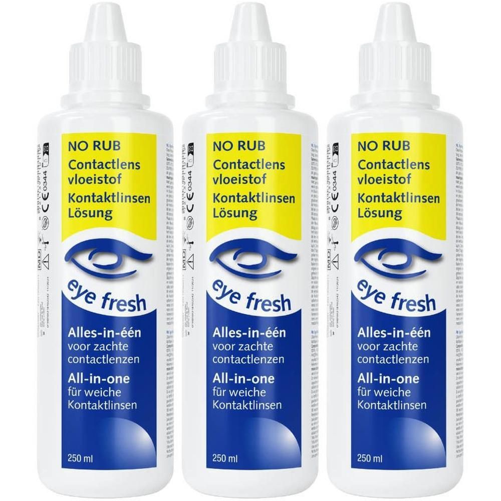 Drie flessen Eye Fresh All-In-1 vloeistof voor contactlenzen. "NO RUB" en "All-in-one" zijn zichtbaar.