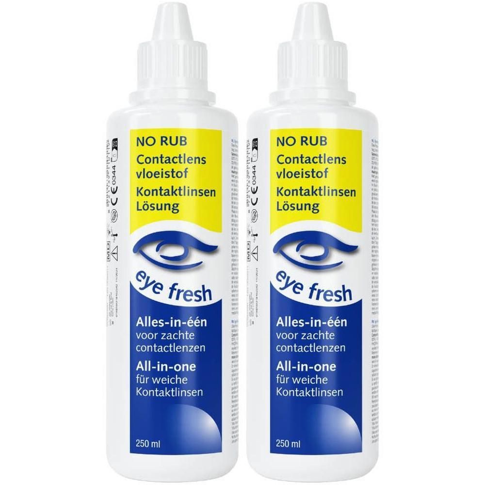 Twee flessen Eye Fresh All-in-one vloeistof voor zachte contactlenzen, 250 ml.