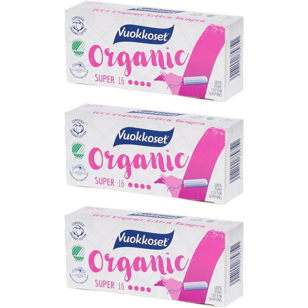 Trois paquets de tampons Vuokkoset Bio Super 16. Boîtes blanches avec inscription rose.