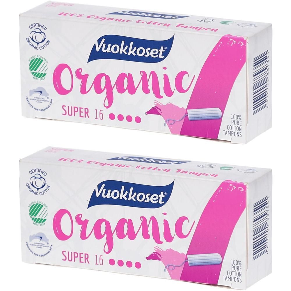 Vuokkoset Bio Tampons Super, 16 stuks. Gemaakt van 100% biologisch katoen.