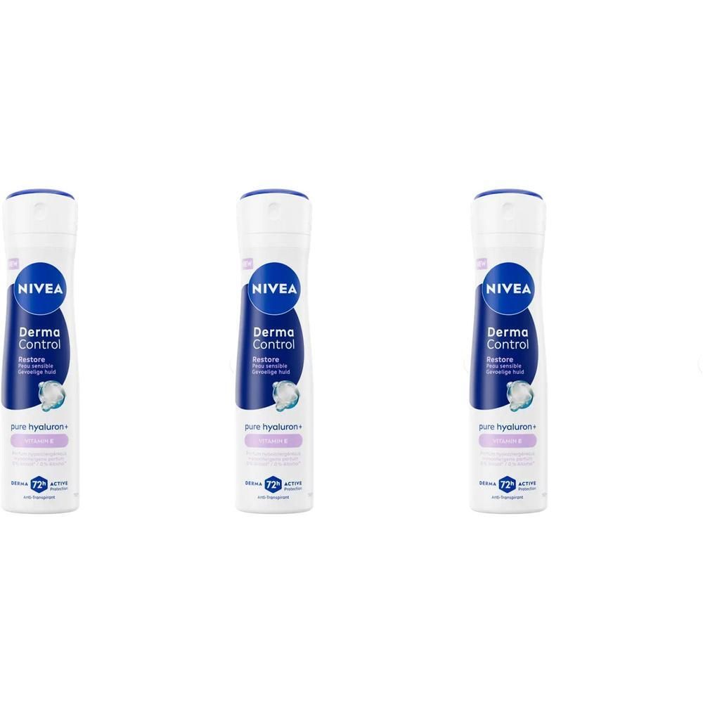 Trois sprays NIVEA Derma Control Restore à l'acide hyaluronique pour peau sensible.
