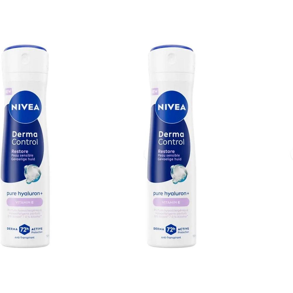 Deux sprays NIVEA Derma Control Restore avec hyaluron et vitamine E.