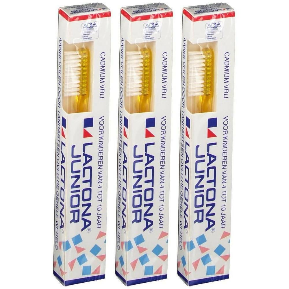 Trois brosses à dents Lactona Junior pour enfants de 4 à 10 ans, sans cadmium, en boîte.
