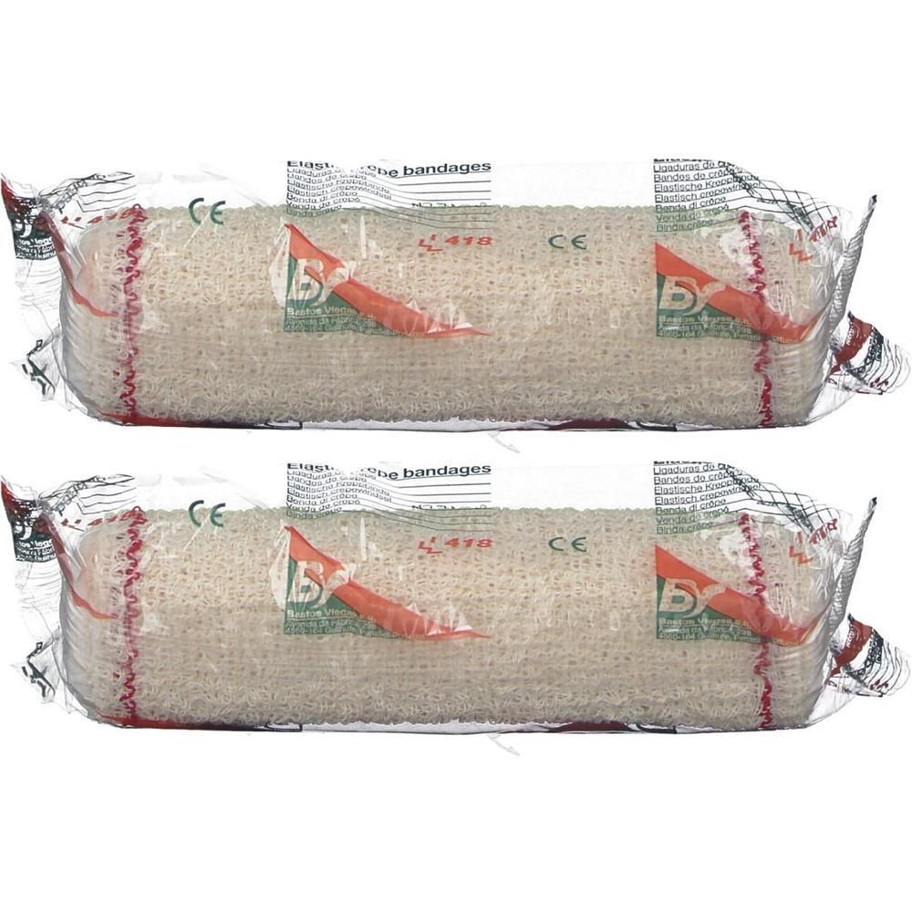 Deux bandages de crêpe élastique sous emballage individuel. Marquage CE visible.