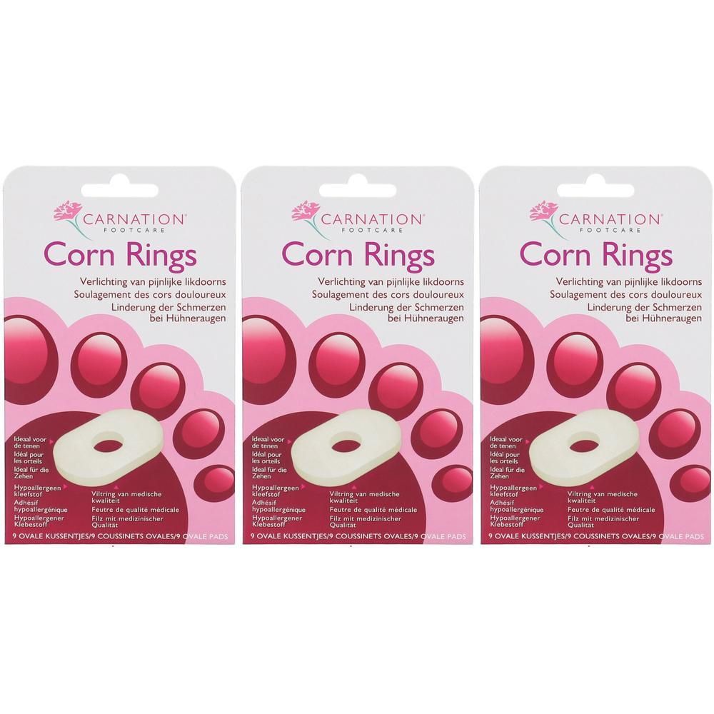 Drie pakjes Carnation Corn Rings, ovale ringen ter verlichting van likdoorns.