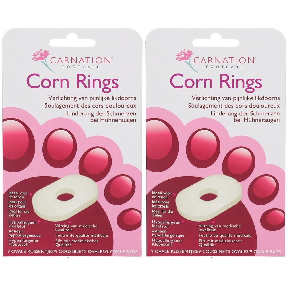 Twee pakken Carnation Corn Rings, ovale kussentjes ter verlichting van likdoorns.