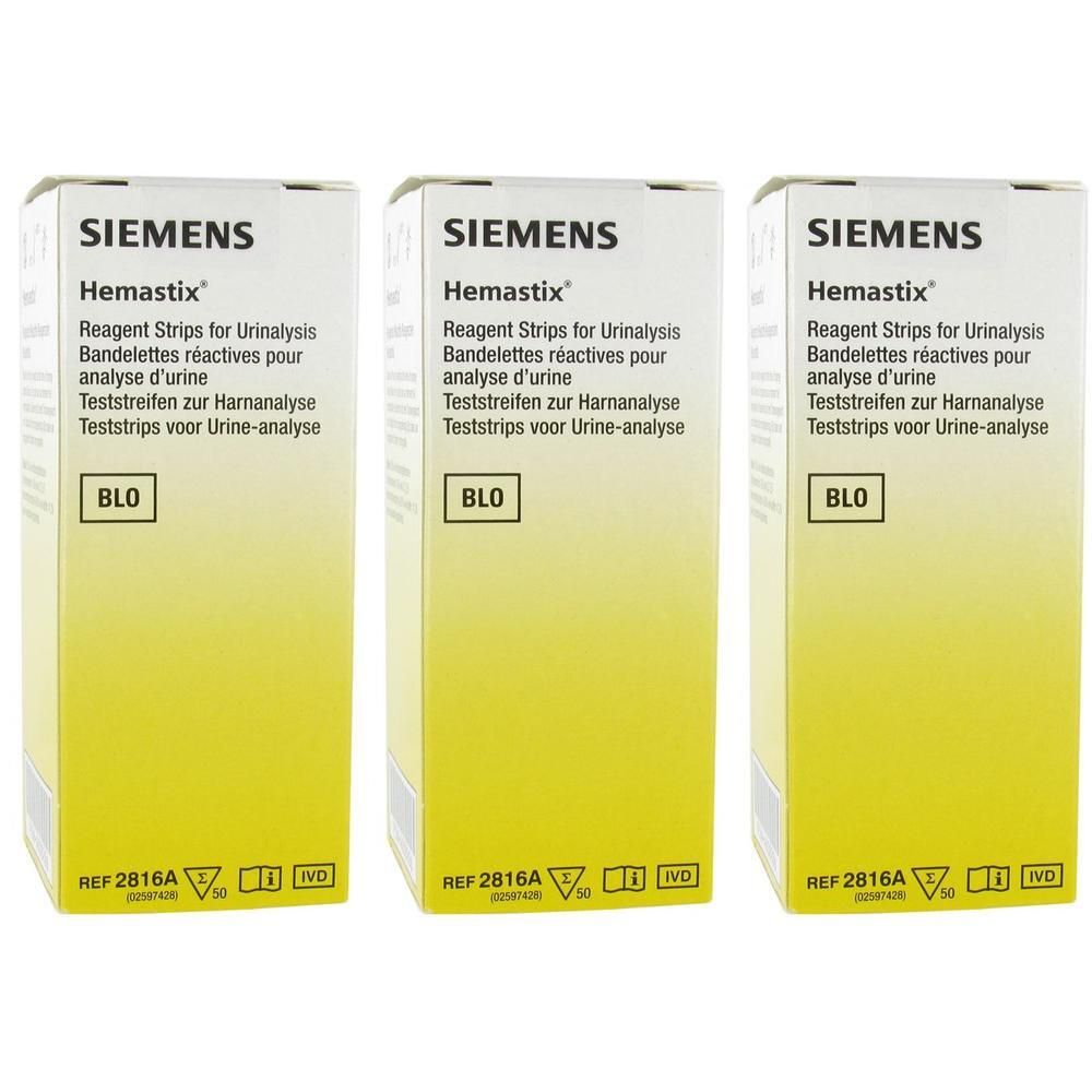 Trois boîtes de bandelettes réactives Siemens Hemastix pour analyse d'urine. Emballage jaune et blanc avec informations produit.