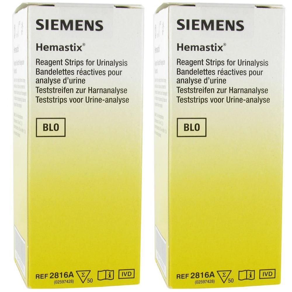 Twee pakken Siemens Hemastix teststrips voor urineanalyse.