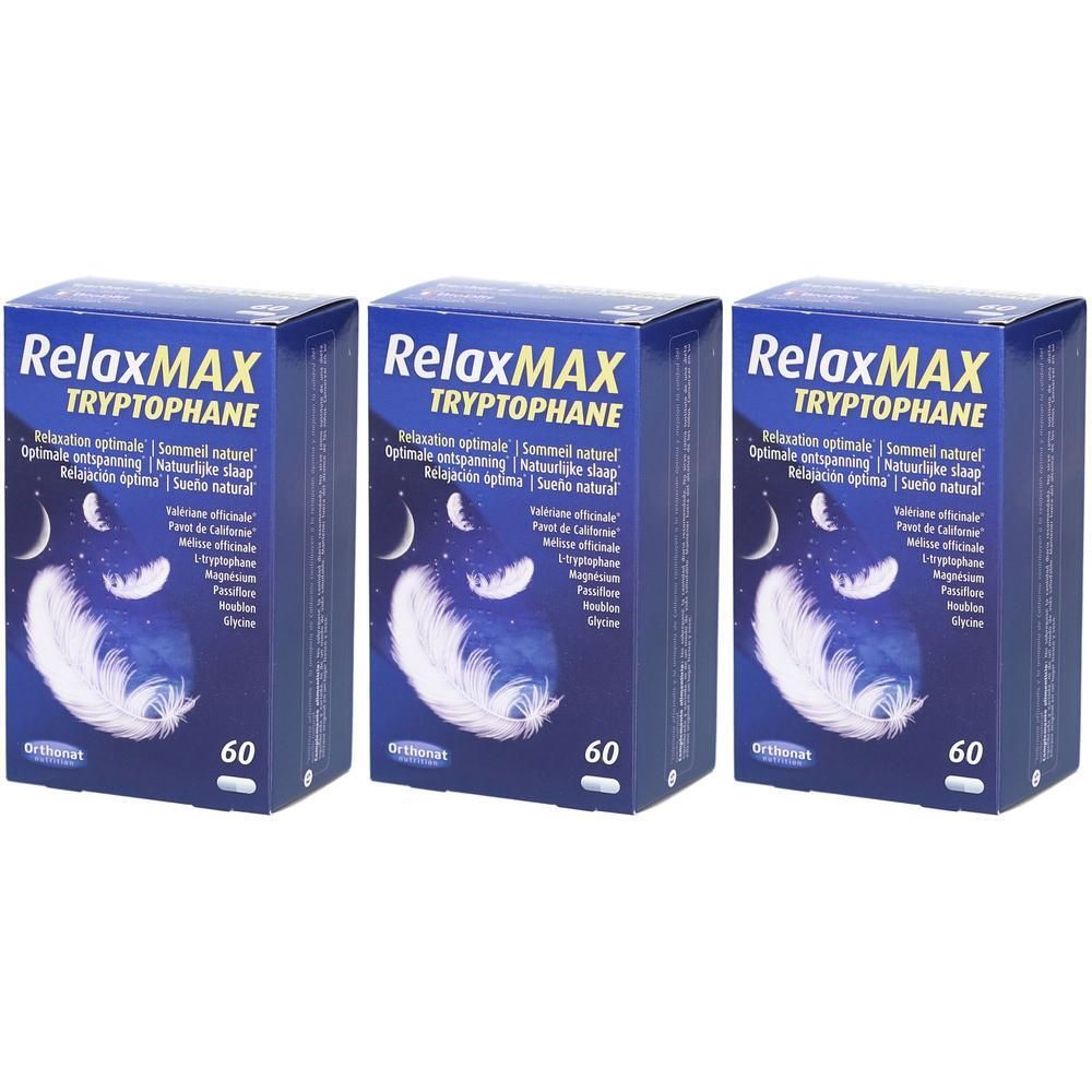 Trois boîtes RelaxMAX Tryptophane avec motif de plumes et lune.